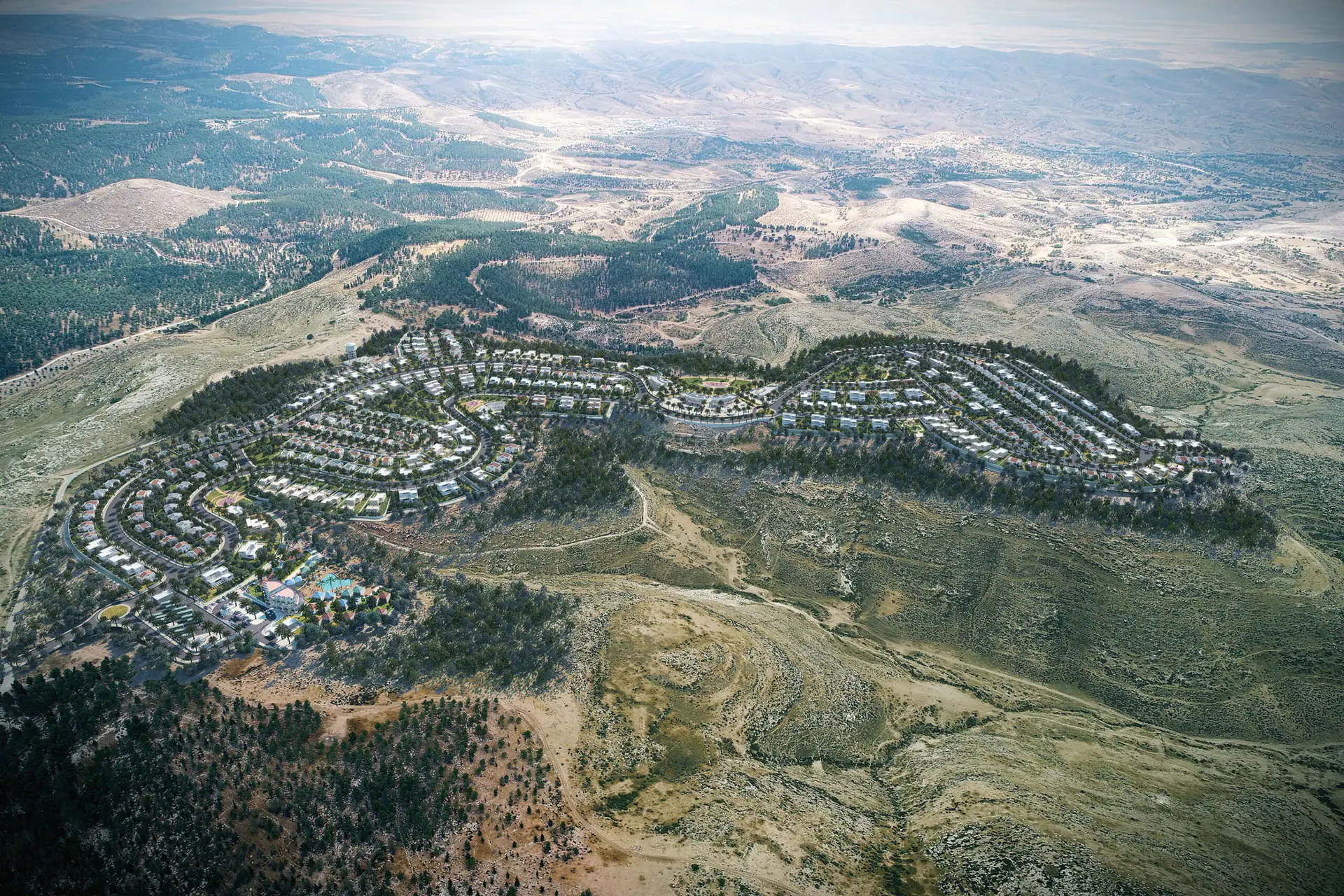 Aerial rendering of Ohr Chabad — a planned village of Jerusalem stone homes nestled among the trees of the Yatir Forest
